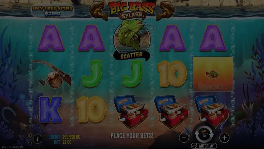 Ventana de demo de la tragaperras Big Bass Splash con el Pescador y símbolos de Pez con dinero en los rodillos