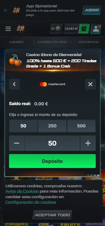 Pantalla de depósito en euros en casino español para Big Bass Splash