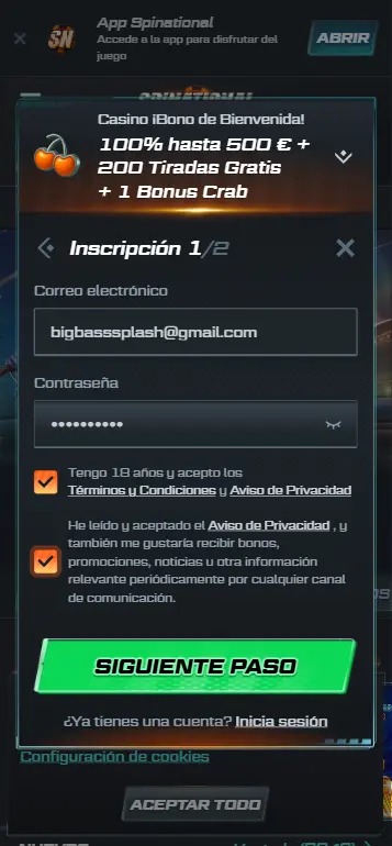 Formulario de registro de cuenta de casino para jugar a Big Bass Splash por dinero real