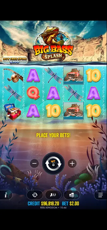 Big Bass Splash base game full view showing Fish money symbols on reels