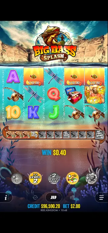 Big Bass Splash Level 4 free spins active with 10x collection multiplier displayed