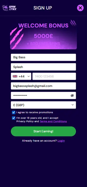 Casino account registration form for playing Big Bass Splash real money