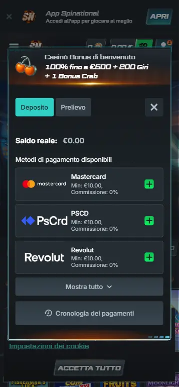 Schermata di deposito in euro presso un casinò italiano per Big Bass Splash