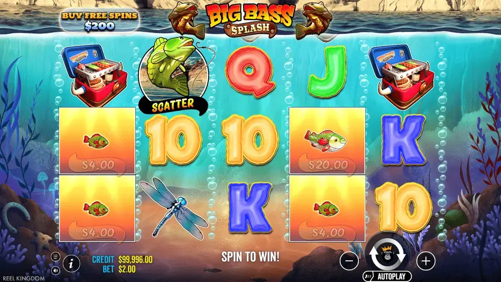 Vista completa del gioco base di Big Bass Splash con il Pescatore e simboli Pesce con denaro sui rulli