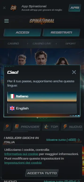 Homepage di un casinò con licenza ADM con la slot Big Bass Splash in evidenza