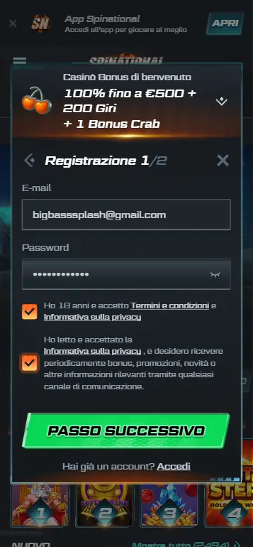 Modulo di registrazione dell'account del casinò per giocare a Big Bass Splash per soldi veri