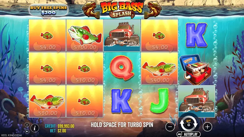 Simboli Pesce con denaro di Big Bass Splash con valori visibili sui rulli